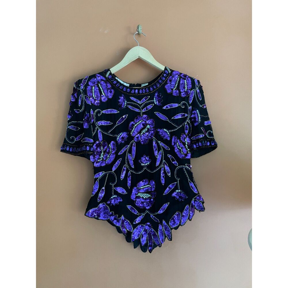 Vintage Lawrence Kazar Purple Sequin Floral Beaded Silk Blouse Top Size S